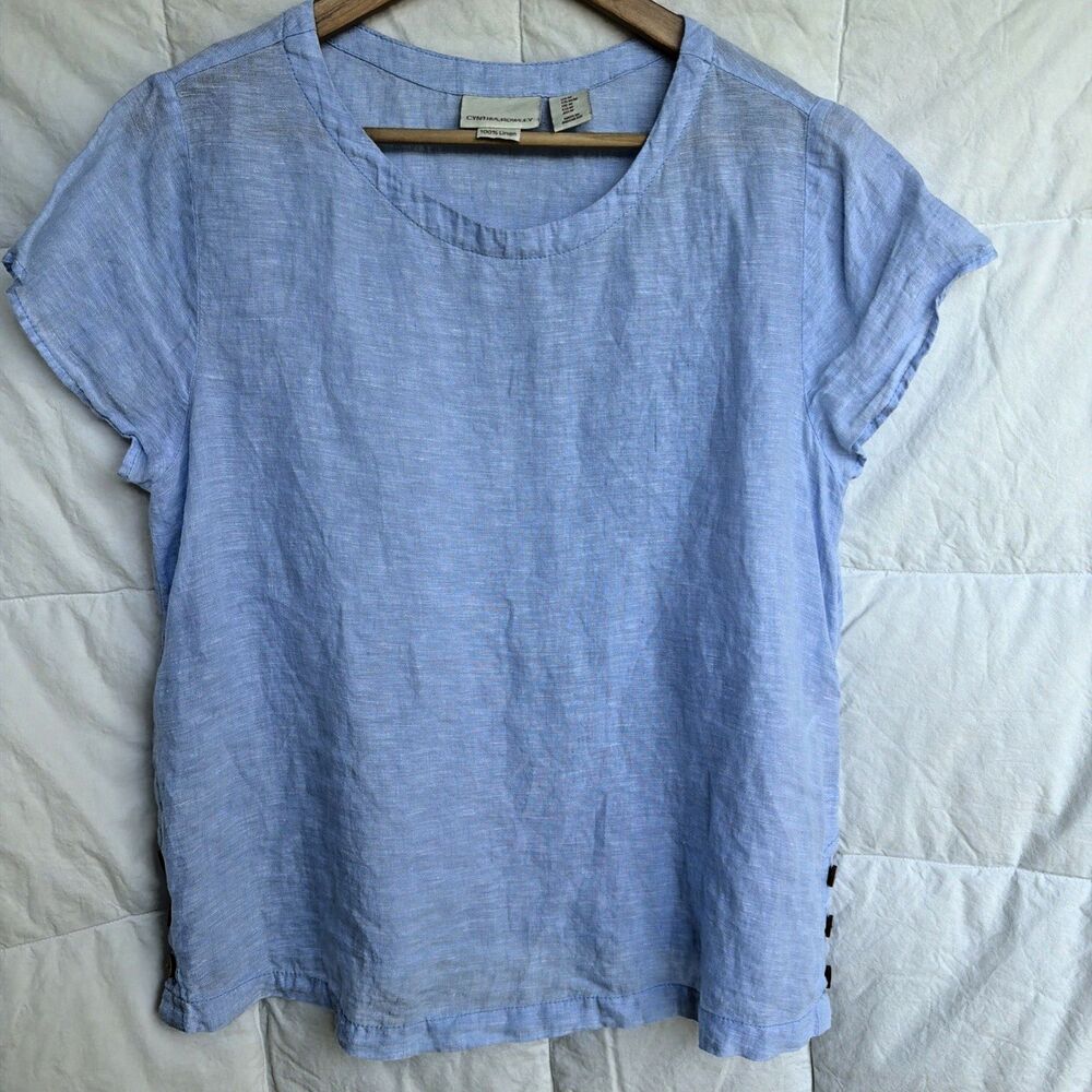 Cynthia Rowley Womens  Linen Short Sleeve Top Blouse Size M Light Blue Coastal